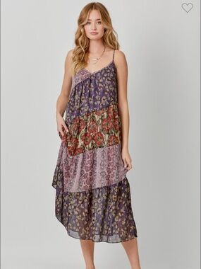 365. Boho Patchwork Tiered Slip Dress in Purple Floral
